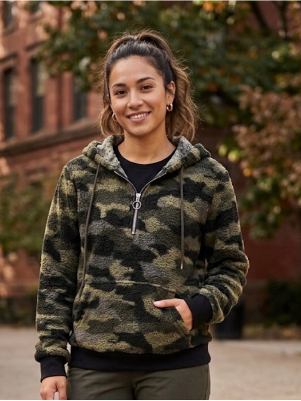 No Boundaries Olive Green Camo Sherpa Half-Zip Hoodie